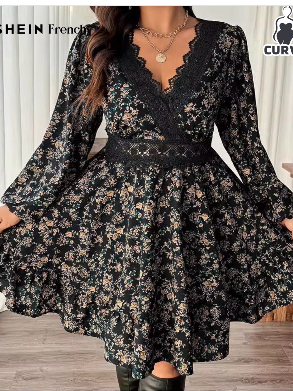 Plus Floral Black V-Neck Lace Trim Dress
